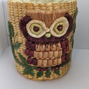 Vintage owl wicker raffia woven boho waste basket